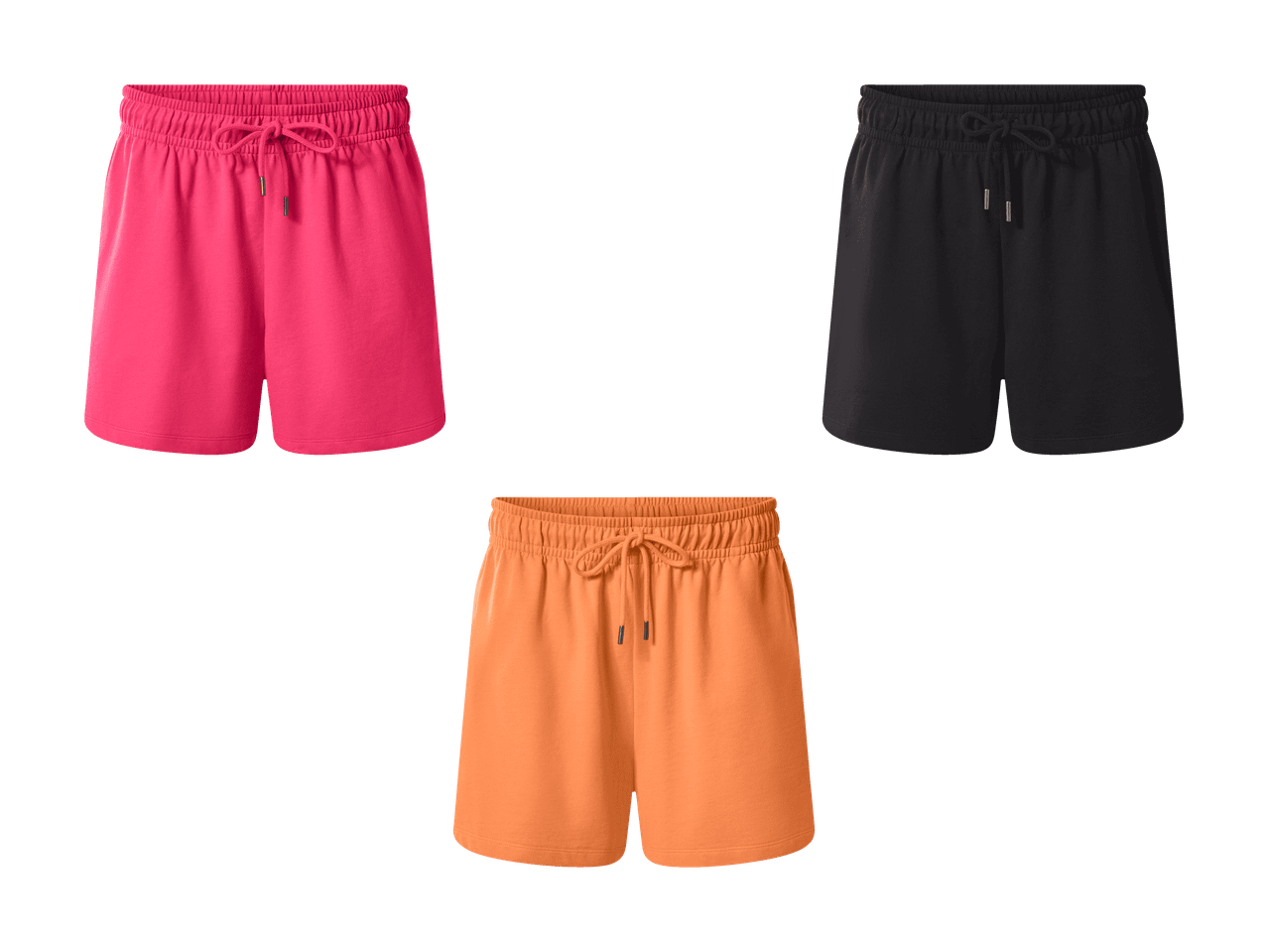 Trois shorts de sport en rose vif, noir et orange.