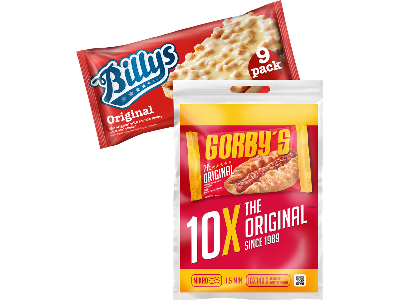 Två förpackningar med frysta pizzor, en med 9-pack och en med 10-pack.