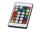 A white and black remote control with colorful buttons for various functions.