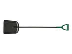 A black shovel with a green D-handle