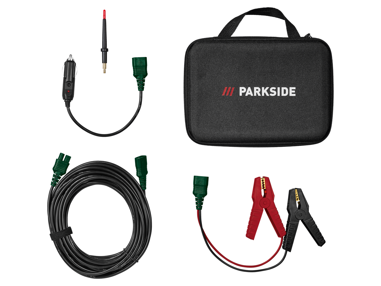 Parkside® PSKT 30 automobilio grandinės testerio rinkinys su laidais ir nešiojimo krepšiu.