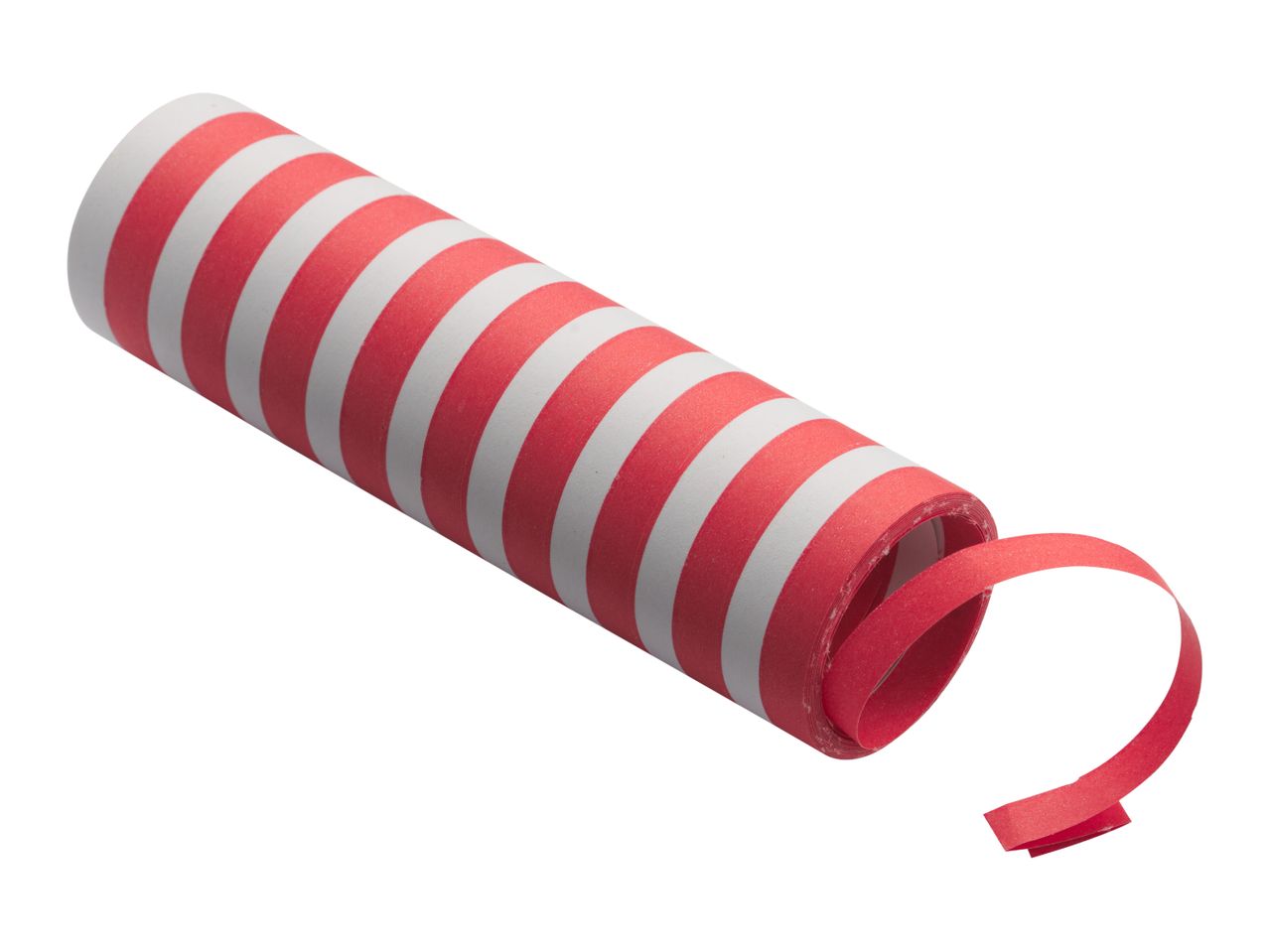 Red and white striped party popper with a red streamer uncurling.