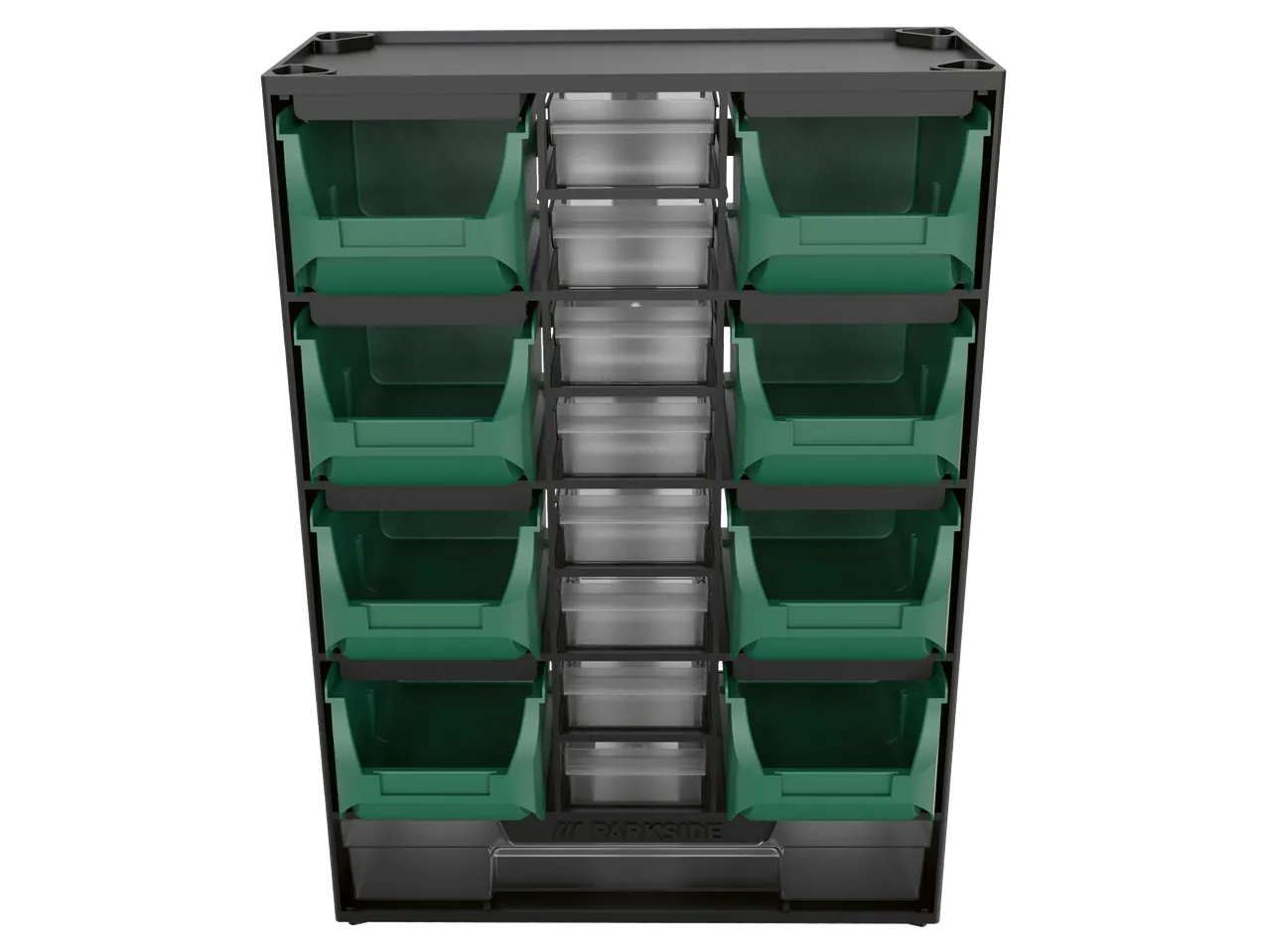 Parkside® Small Parts Organiser with green bins and clear drawers.