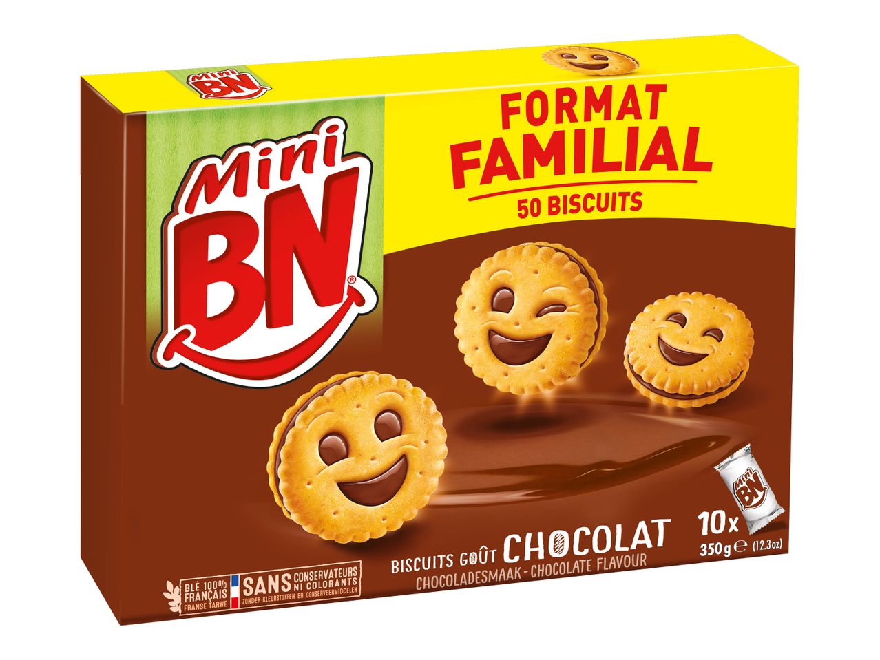 Boîte familiale de biscuits Mini BN au chocolat.