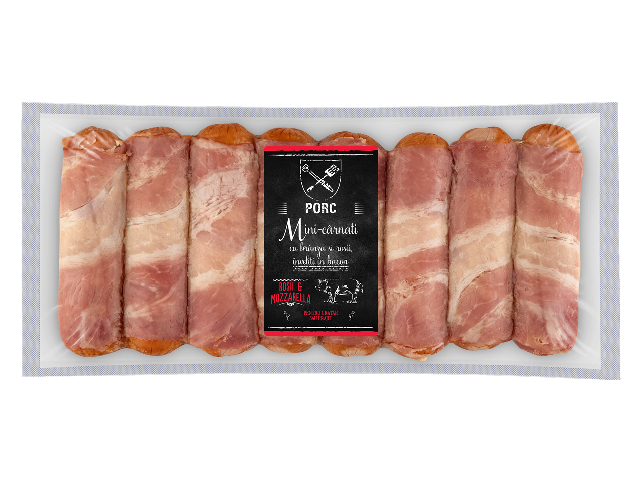 Mini-cârnați înfășurați în bacon cu mozzarella și roșii.