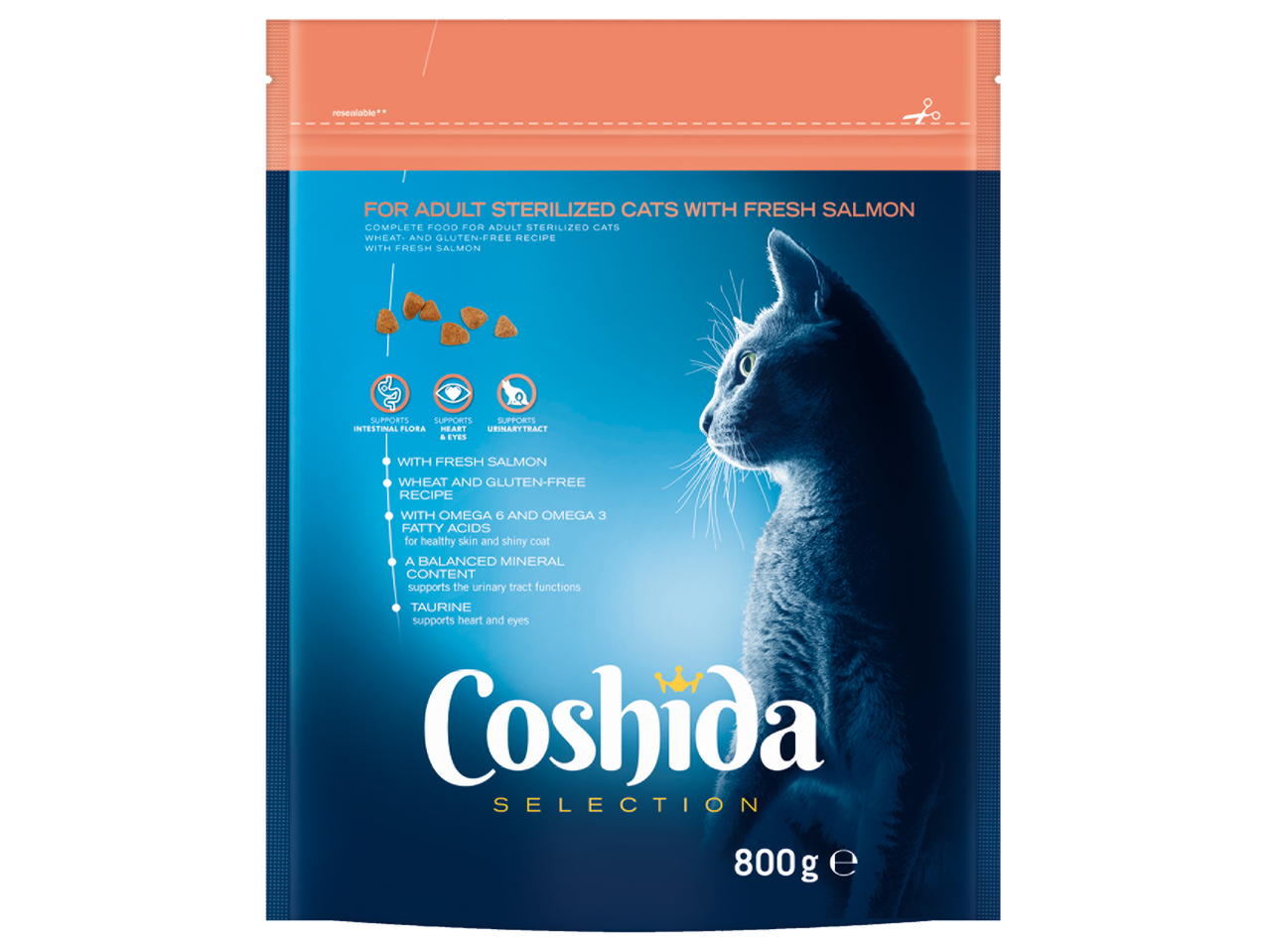 Coshida Selection macskaeledel: 800g gluténmentes recept friss lazaccal, ivartalanított macskáknak.