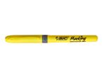 Yellow highlighter with a grey grip and black text on the barrel.