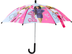 Barbie paraplu met afbeeldingen van Barbie poppen en het roze-blauwe 'Barbie' logo.