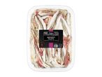 Anchovy fillets marinated with red onion in a clear plastic tray, ready to eat.