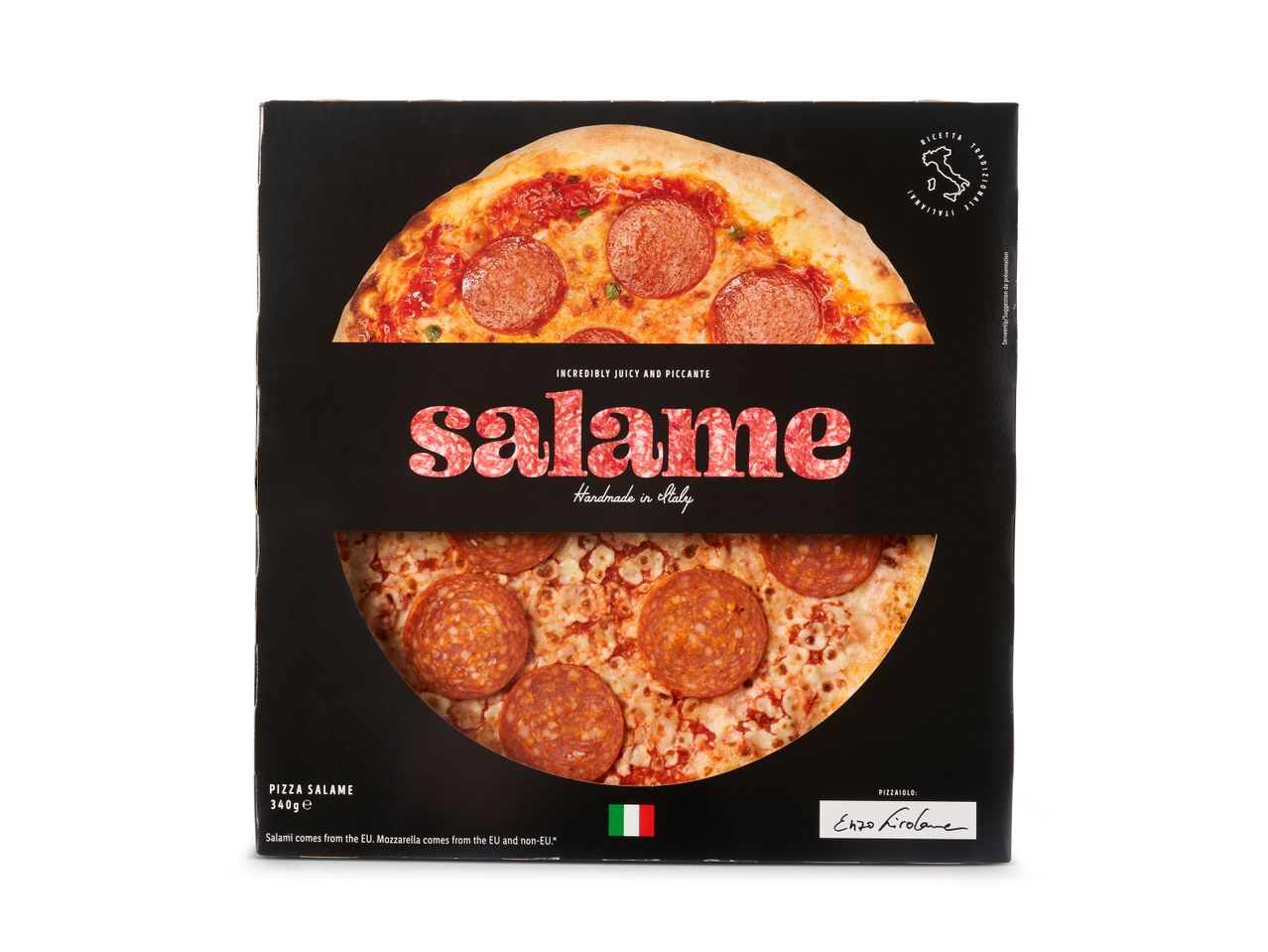 Italiaanse Salami pizza in doos.
