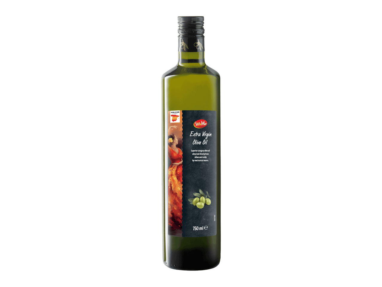 Extra Virgin -oliiviöljypullo, jossa on espanjalainen teema ja teksti 'Superior category olive oil'.
