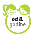 Zelena oznaka s dvoje djece i tekstom 'od 8. godine'.