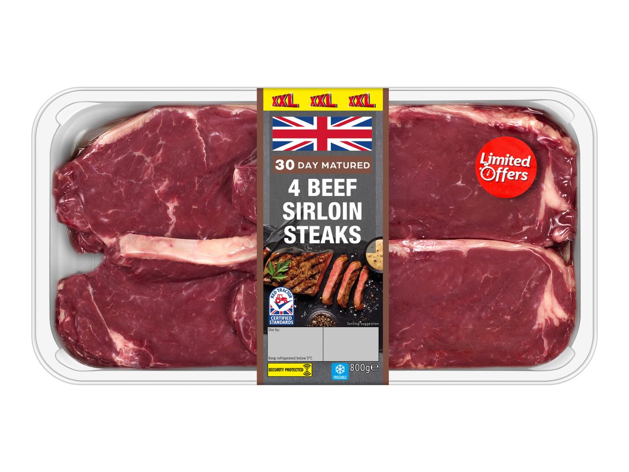 Pack of four 30-day matured beef sirloin steaks, 800g, with a 'Limited Offers' label.