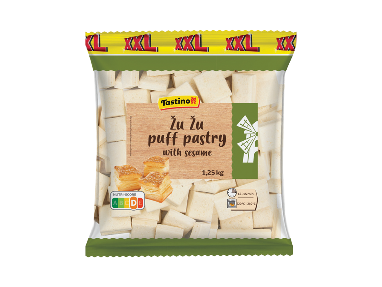 Pakovanje lisnatog testa sa susamom, 1,25 kg, sa uputstvom za pečenje i Nutri-Score oznakom.