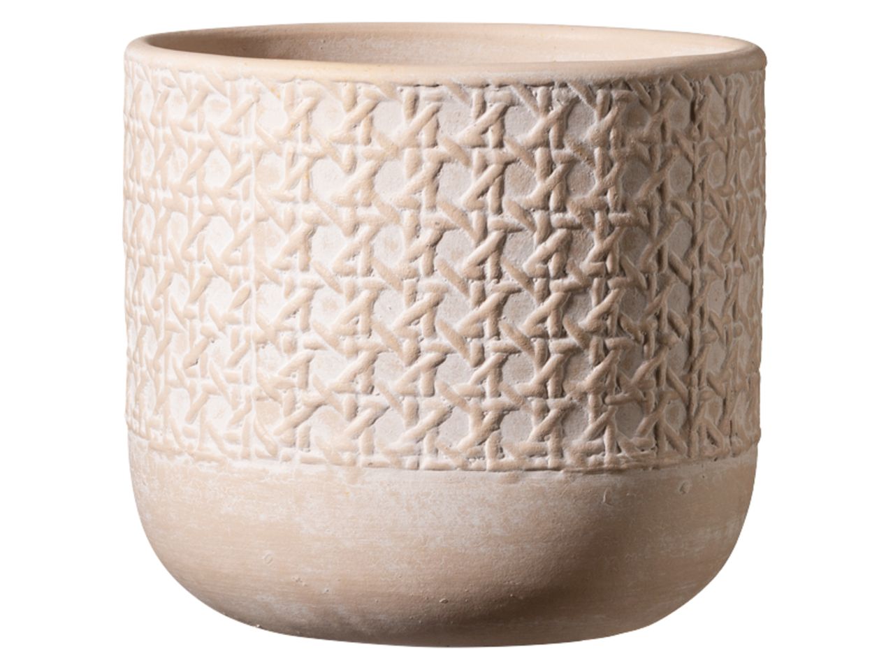 Beige terracotta bloempot met geweven reliëfpatroon.