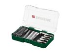 A set of screwdriver bits and nut setters in a green case with a clear lid.
