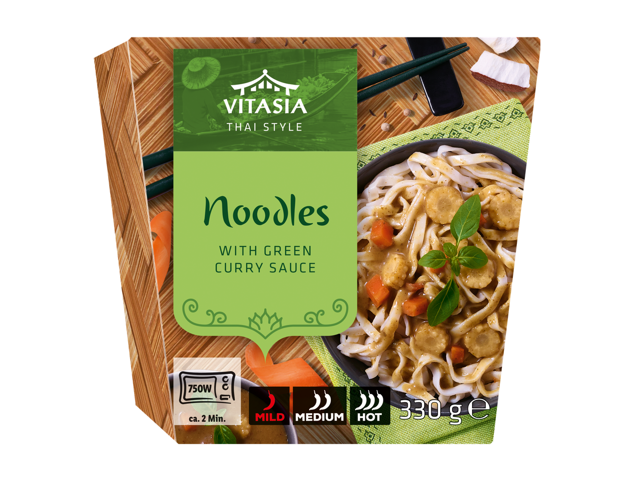 Vitasia makaronai su žaliuoju kario padažu, 330g, paruošiami mikrobangų krosnelėje per 2 min, nuo švelnaus iki aštraus.