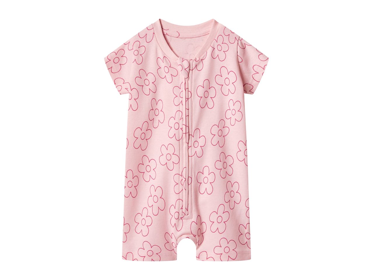 Pink baby romper with short sleeves and a floral pattern, featuring a front zipper.
