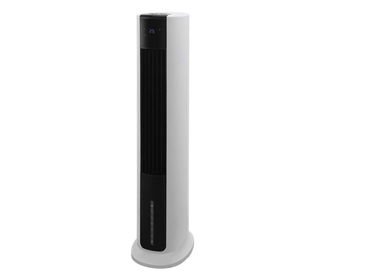 A sleek, white tower fan heater.