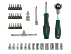 Socket wrench set with swivel head ratchet and bits.