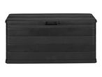 Black plastic outdoor storage box with a textured finish and a handle on the lid.