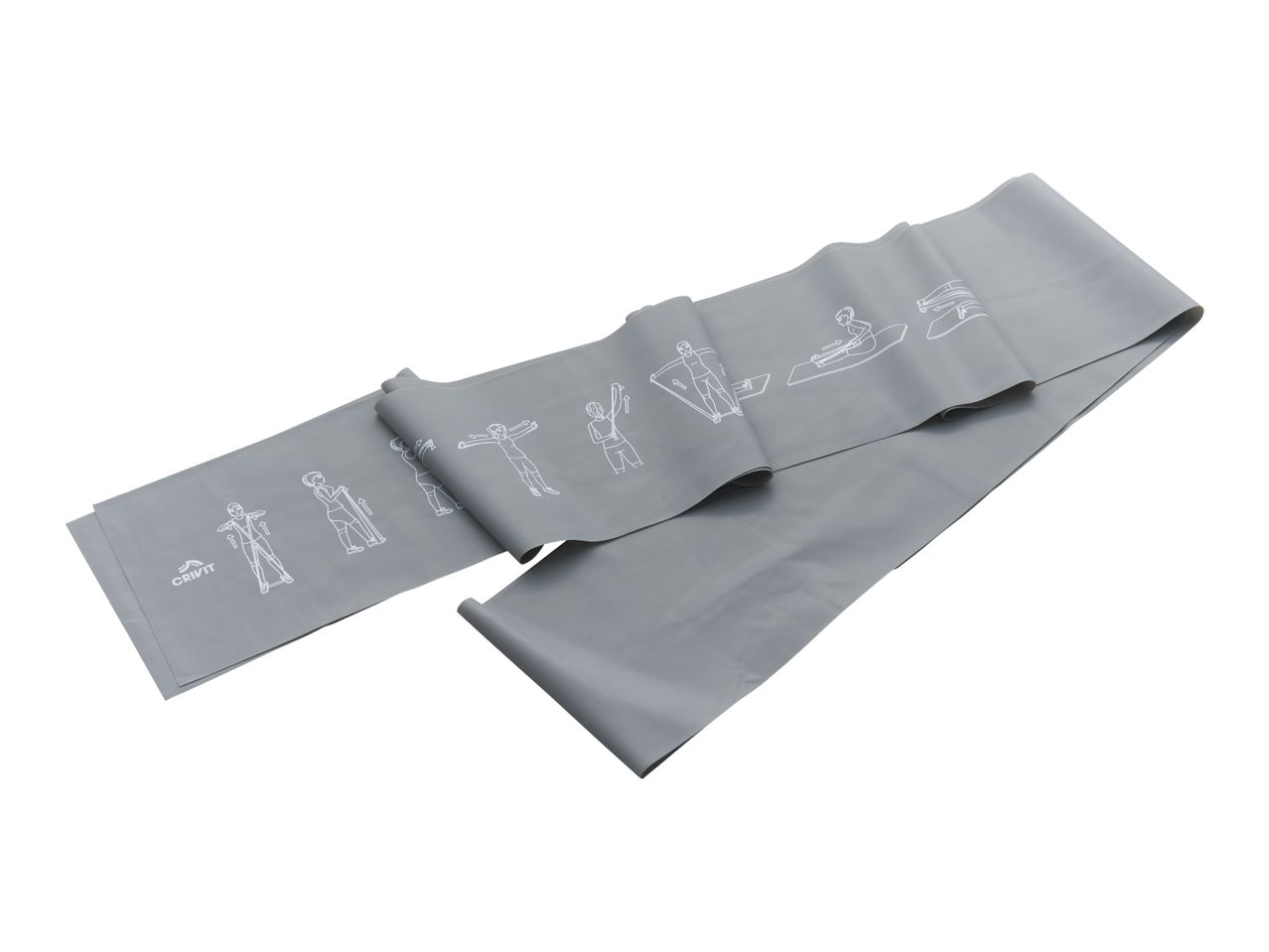 Grey resistance band with white exercise illustrations, laid out on a white background.