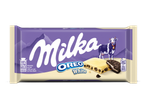 Witte chocoladereep met stukjes cacaobiscuit en een romige vulling.