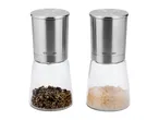 Two stainless steel and glass spice grinders, one with black pepper and one with pink salt.