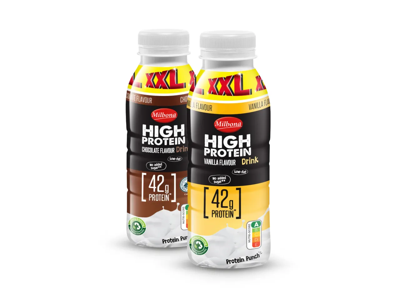 Milbona High Protein napitci, okus čokolade i vanilije.