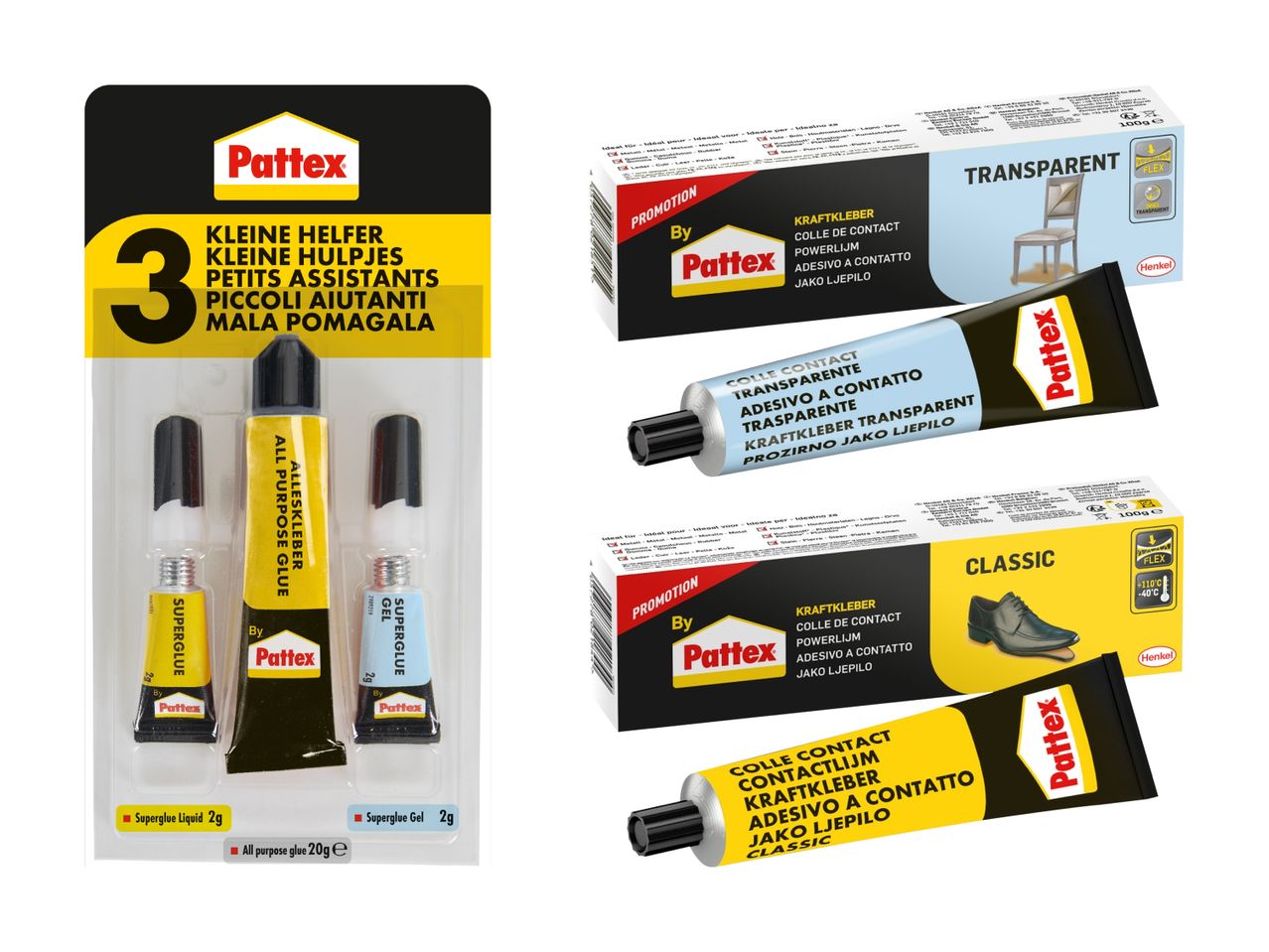 Drei Mini-Pattex-Kleber und zwei Pattex-Kontaktkleber, transparent und klassisch.
