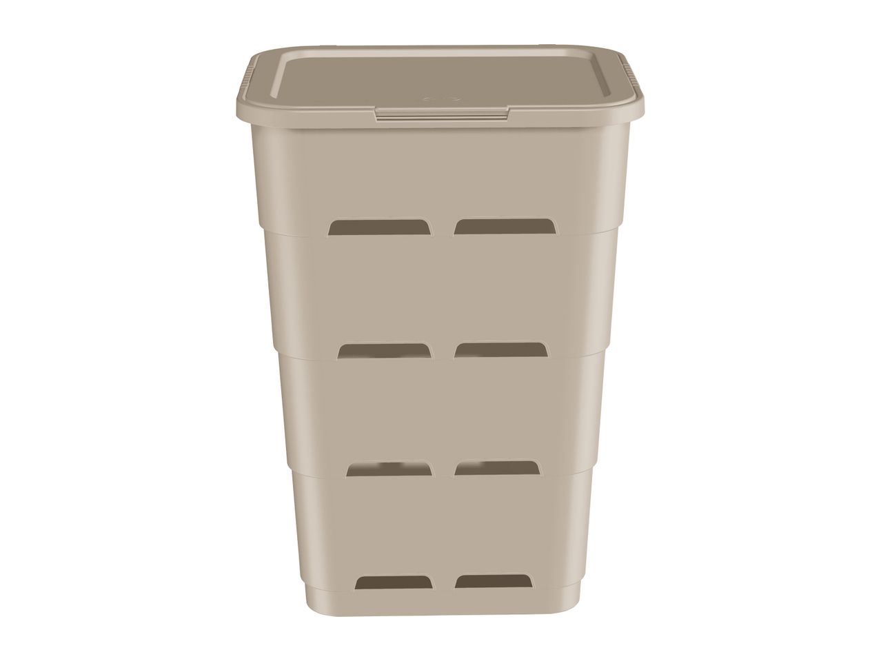 Beige plastic storage container with ventilation slots.