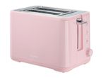 Pink toaster with two slots, control buttons, and a browning dial.