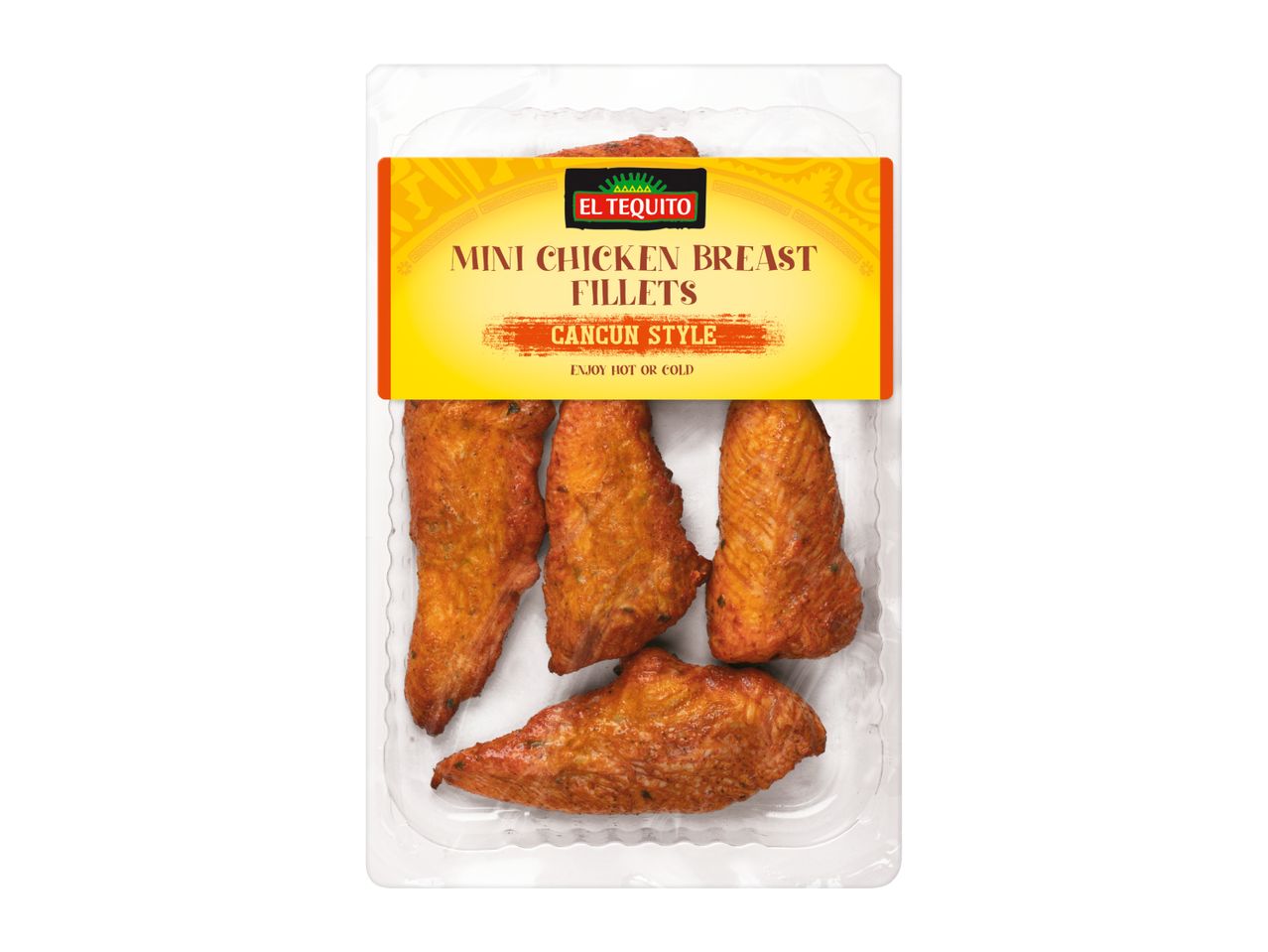 Pack of mini chicken breast fillets, Cancun style, ready to eat hot or cold.