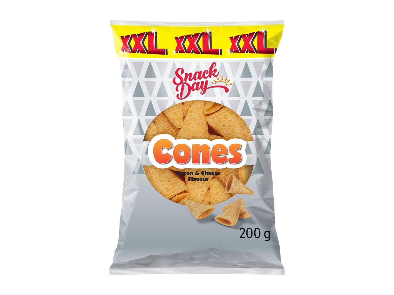Snack Day XXL Cones, Bacon & Cheese flavour, 200g bag.