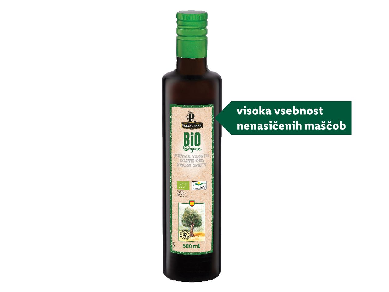Steklenica ekstradeviškega oljčnega olja z napisom »visoka vsebnost nenasičenih maščob«.