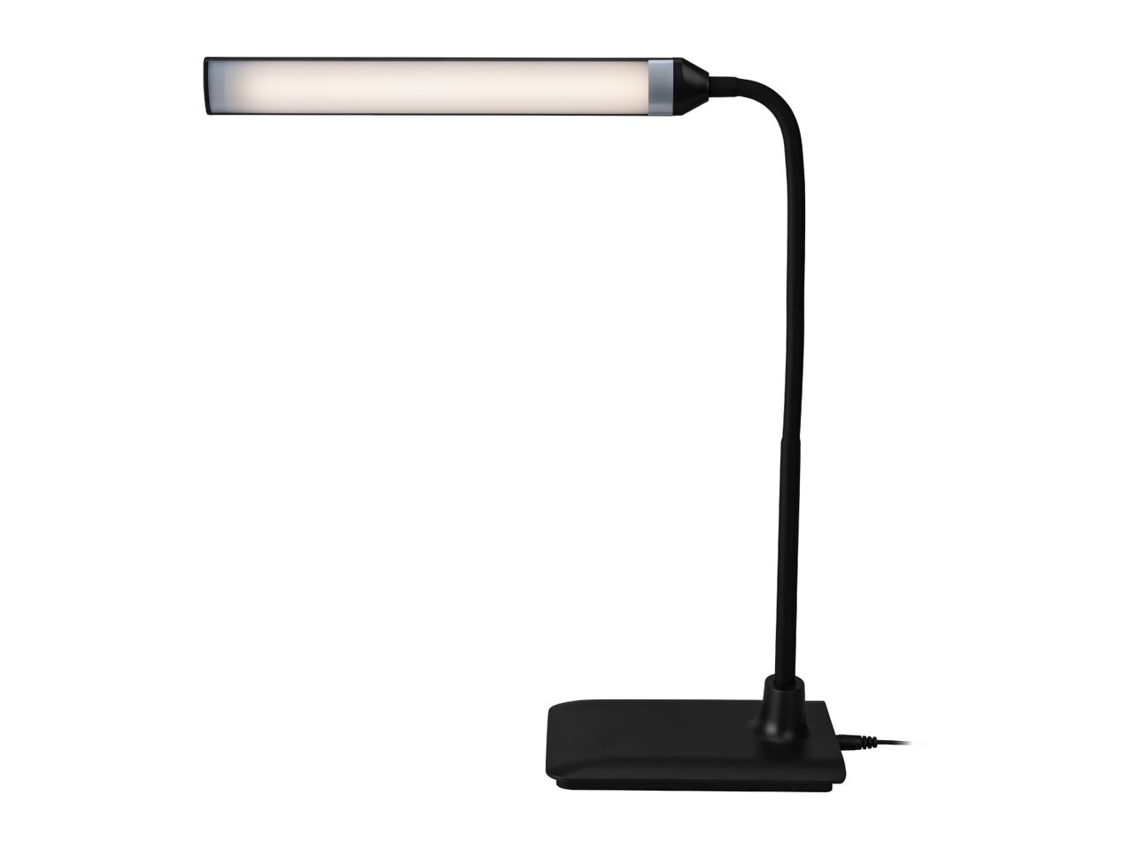 Black desk lamp with a rectangular LED light bar and a flexible neck.