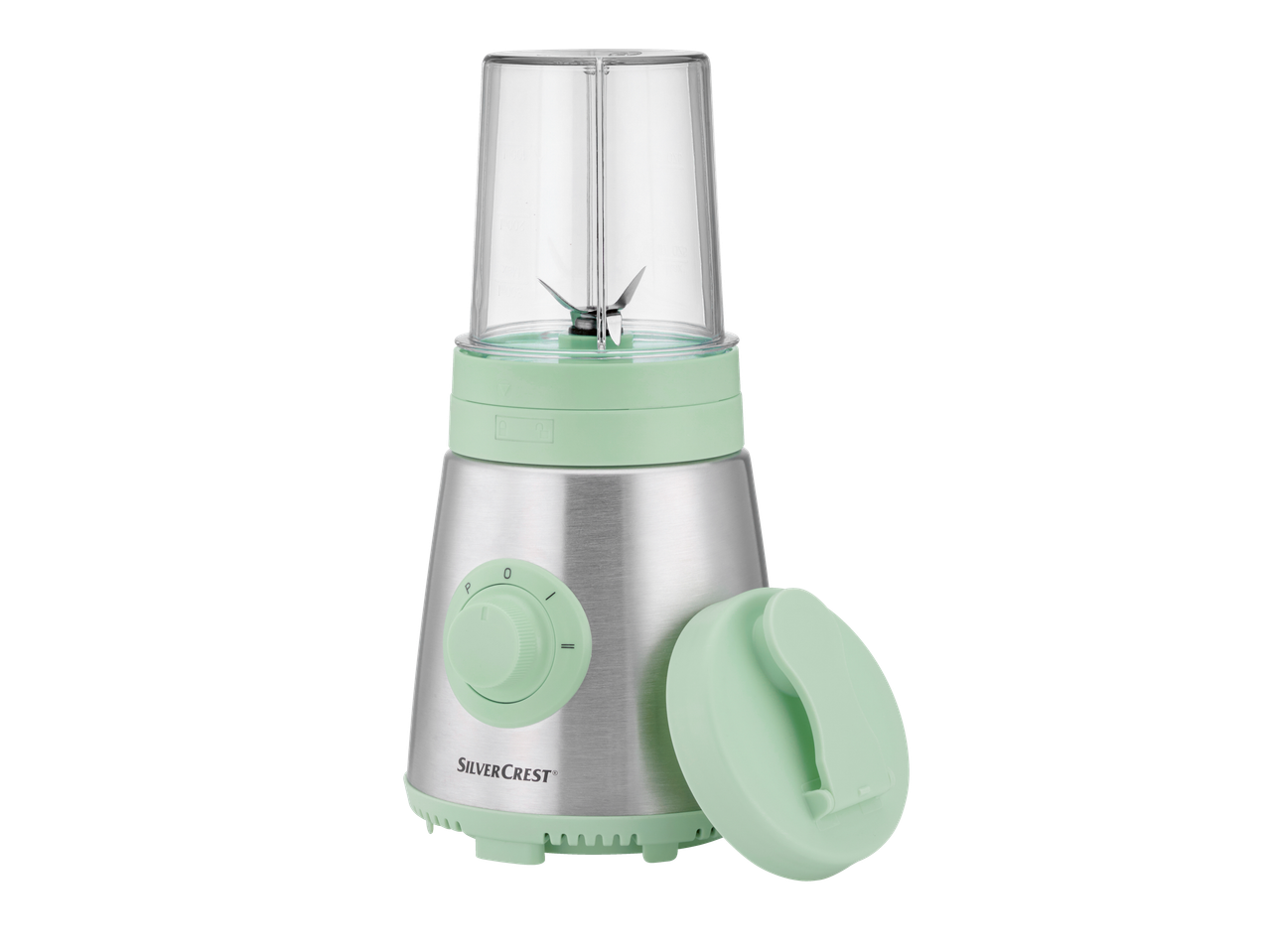 Silvercrest® blender za smuti sa bazom od nerđajućeg čelika i svetlozelenim detaljima.