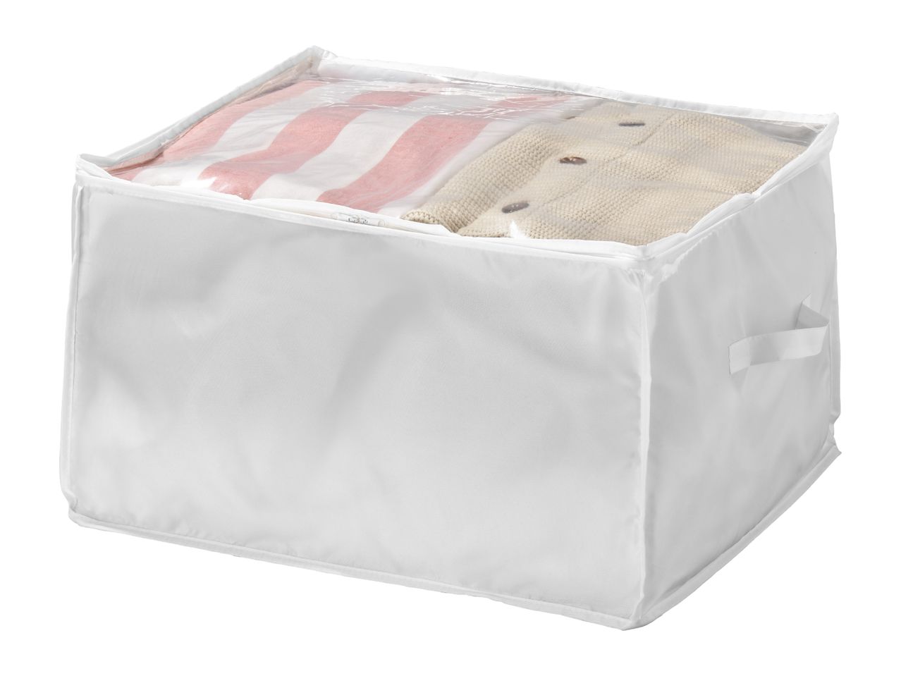 White fabric storage box with a clear top, holding folded clothes.