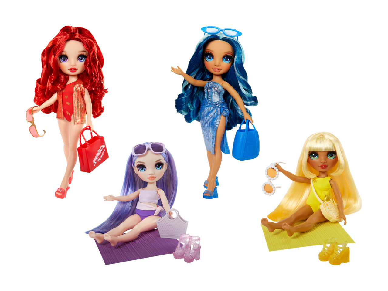 Quatre poupées à la mode avec des cheveux colorés, des maillots de bain et des accessoires d'été.