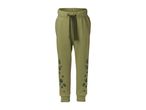 Green sweatpants with dark green spots and a drawstring waist