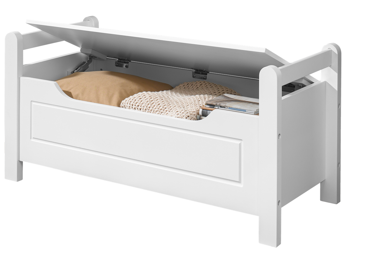 LIVARNO weiße Sitzbank mit Stauraum, geöffneter Deckel, Kissen und Decke innen.