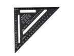 Black speed square with metric and common rafter conversion tables.