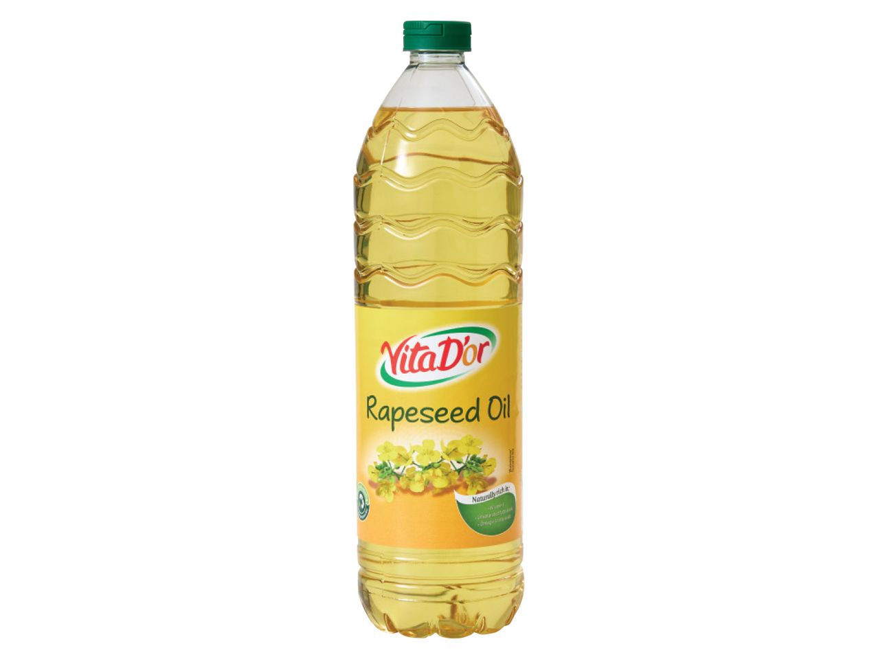 Vita D'or rapšu eļļas pudele ar dzeltenu etiķeti un zaļu vāciņu.