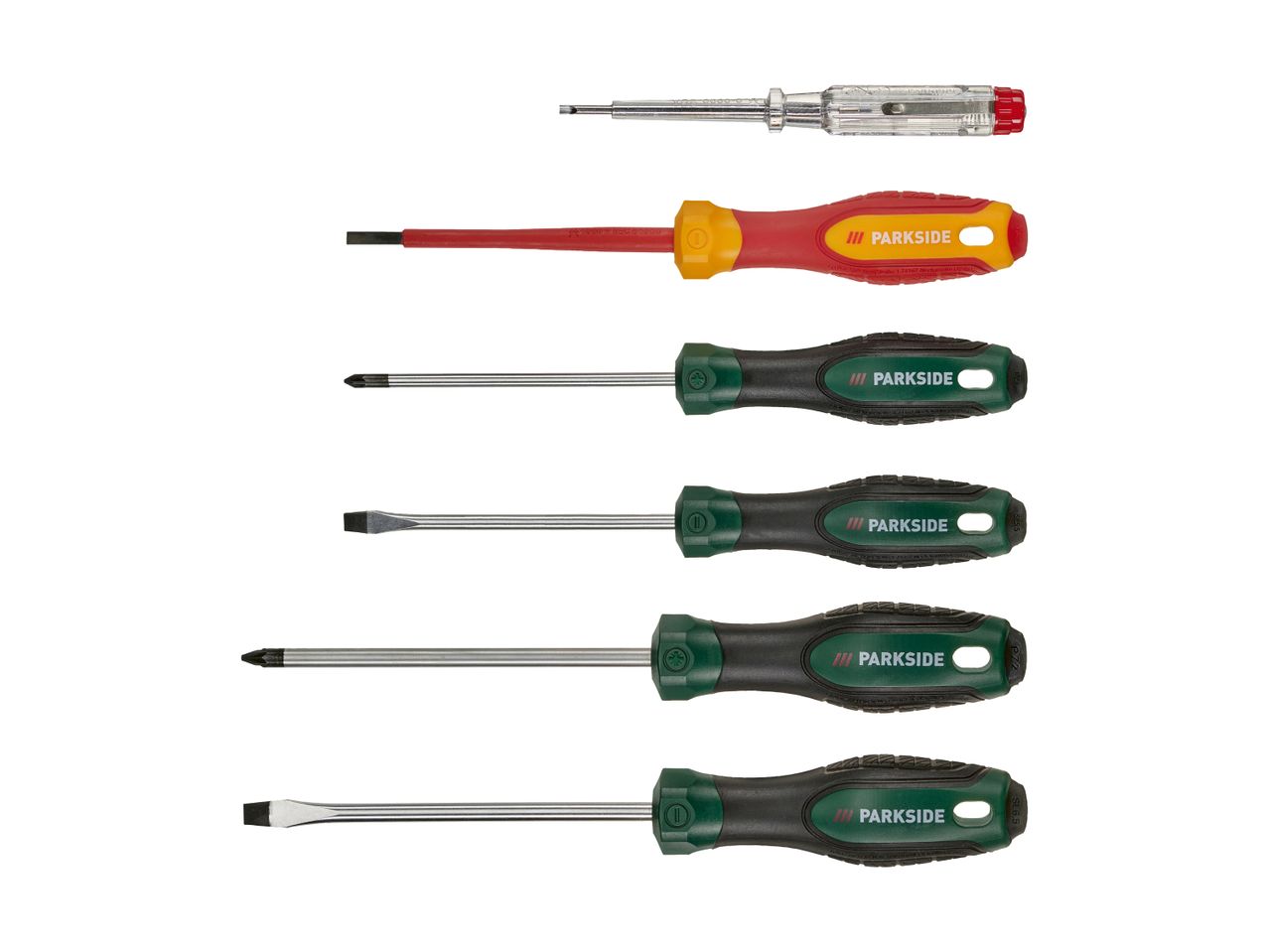 A set of Parkside screwdrivers with various tips and handles.