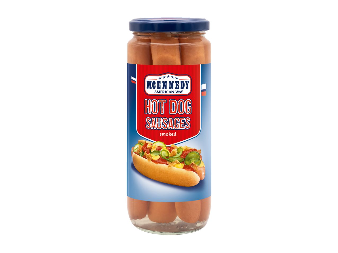Jar of smoked hot dog sausages with a label featuring a hot dog.