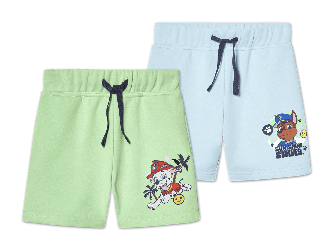 Zwei Paar Paw Patrol Shorts für Jungen in Hellgrün und Hellblau.