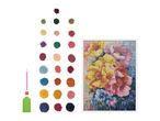 Diamond painting kit with various colored beads, applicator pen, tray, and a floral canvas.