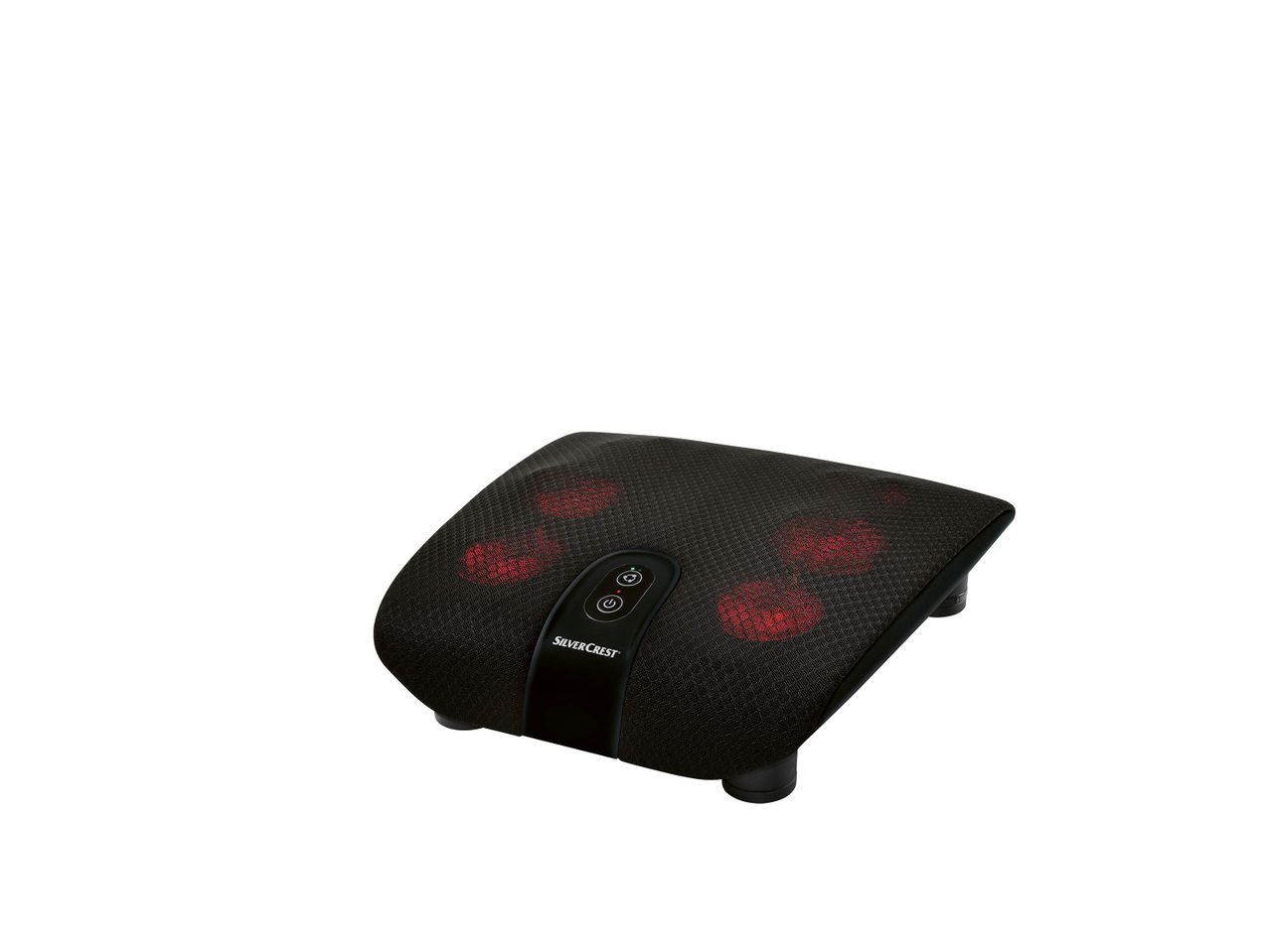 Masseur de pieds chauffant SilverCrest noir avec points de massage rouges lumineux.