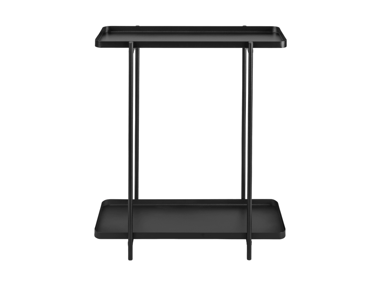 Sort, rektangulært sidebord med to hylder og et minimalistisk design.