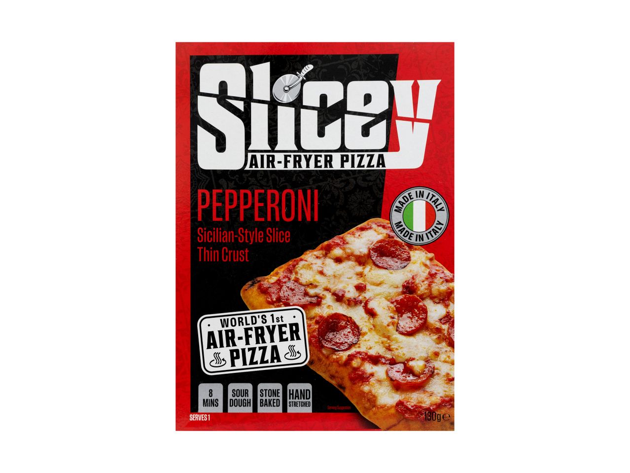 Slicey pepperoni air-fryer pizza, Sicilian-style, thin crust, 130g.